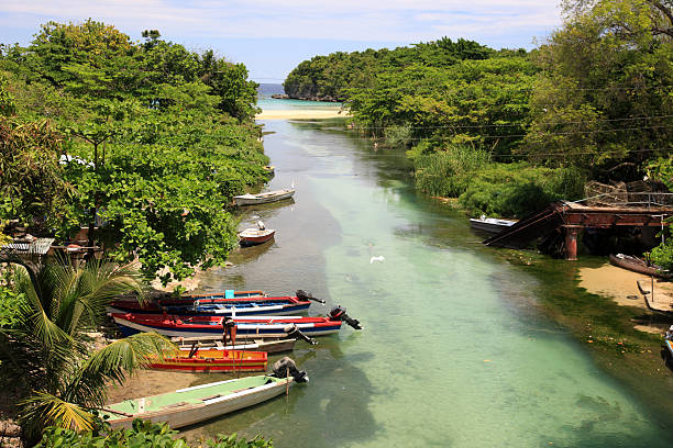 Coastline, river and fishing boats near Ocho Rios, Jamaica