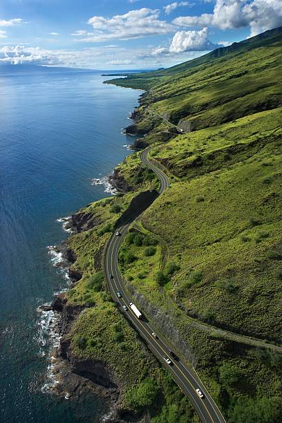 Aerial view of Hawaiian coastal highway