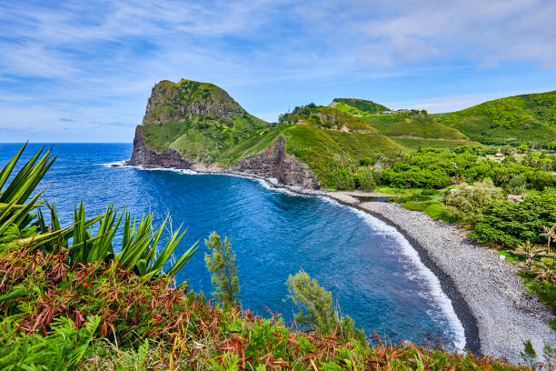 View of Kahakuloa Head and Kahakuloa stony beach from the Kahekili Highway,Maui,Hawaii,USA