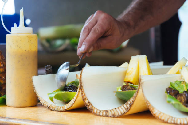  banana stump share plate at a roadside stall in Hawaii 