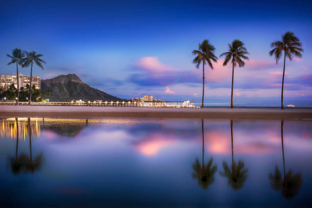 Diamond Head and Palm Trees reflect in a tranquil lagoon at sunset.